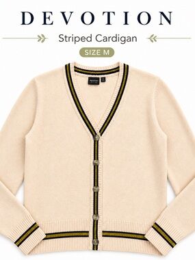 👉 Devotion Cardigan M Cream Stripe Trim Knit Preppy Sweater